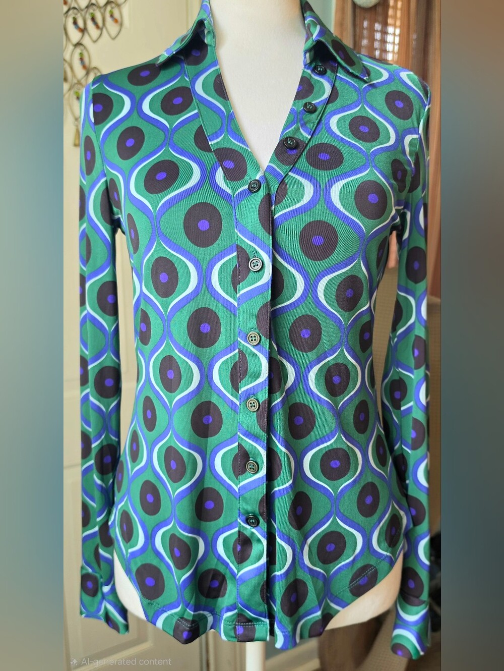 Truth by Republic Retro Geometric Button-Down Womens XS Green Black Stretch Psyc